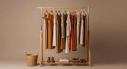 Organized Capsule Wardrobe with Earthy Tones on Wooden Clothes Rack, Featuring Dresses, Tops, and Shoes, Against a Warm Beige Background