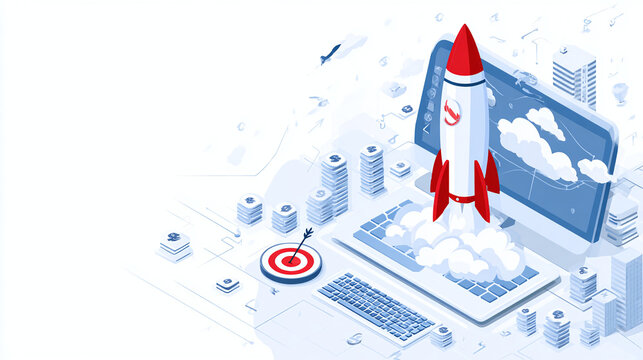 Isometric business concept, financial success, innovation, goal achievement, new opportunity launch. Rocket launching from computer, targeting success.