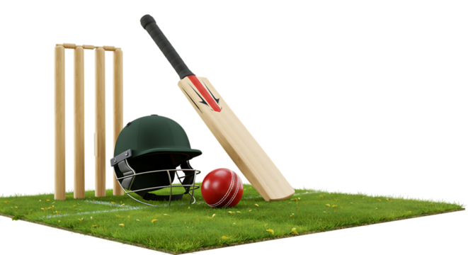 Cricket Bat Ball Helmet and Stumps on Isolated Transparent Background