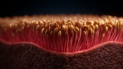 Intestine Wall with Close-up: A detailed, macro-level view presents the intricate inner lining of a biological system, showcasing the complex structures that facilitate nutrient absorption. 