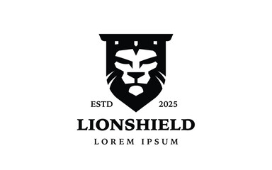 Lion Shield Logo Design with Strong Animal Symbol in Modern Minimalist Style