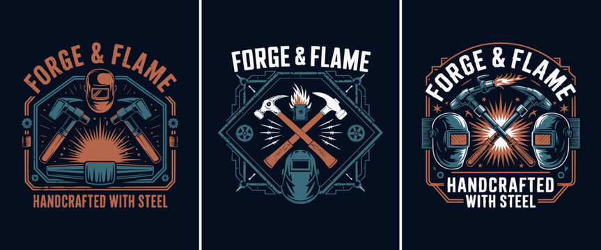 Forge and flame vintage emblem set with hammers, welding helmets, sparks, fire, and steelwork elements for blacksmith and metal workshop designs
