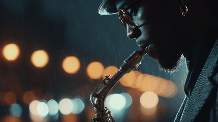 Saxophonist in the Rain: A soulful musician plays under the city lights, his music echoing through the downpour. Emotional performance, urban night.