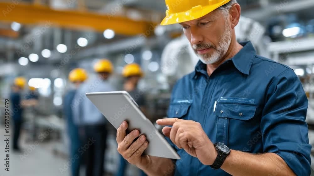 Poster engineer's insight: a skilled engineer in a hard hat examines a tablet within a bustling factory set