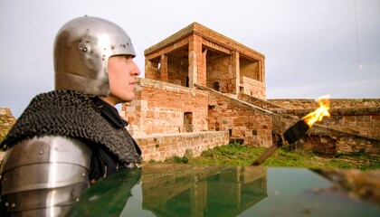 A Medieval Knight Stands Vigil, Awaiting Battle Near An Ancient Brick Fortress, Holding A Burning Torch, Reflecting On The Water. With Comprehensive Details And Informative Content For
