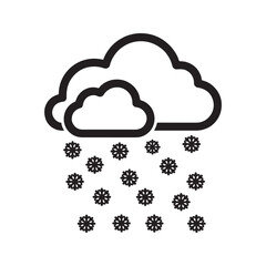 Snow cloud icon, simple black and white line art illustration of falling snowflakes. Winter weather vector graphic symbol.
