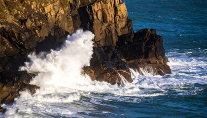 A Powerful Ocean Wave Crashes Against Rugged Rocky Cliffs, Creating A Dramatic Scene Of Nature S Force, The Wave Action, And The Beauty Of The Coastline.