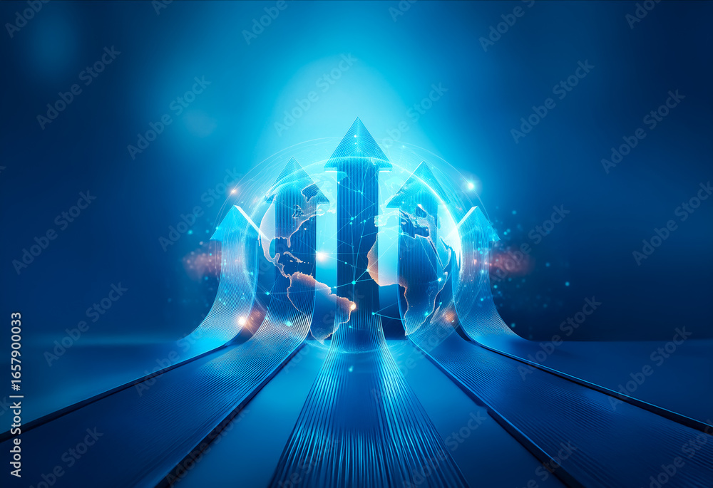 Poster abstract blue image featuring upward arrows encircling a glowing globe, representing global progress