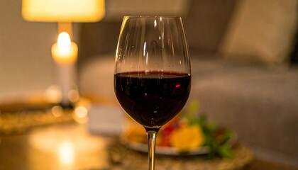 A Romantic Evening A Beautiful Wine Glass Filled With Red Wine, Lit By Soft Candlelight, Creating A Cozy And Elegant Atmosphere For A Relaxing Moment.