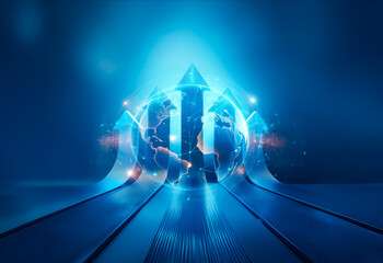 Abstract blue image featuring upward arrows encircling a glowing globe, representing global progress and future direction on a path.