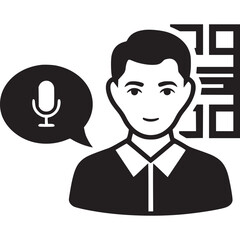 Illustration of a man giving a speech with a microphone in a speech bubble, isolated on white background