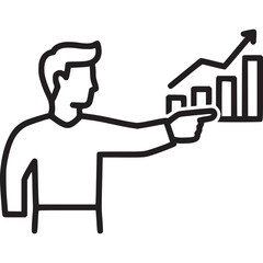 Illustration of a man pointing at a graph showing growth and success, isolated on white background