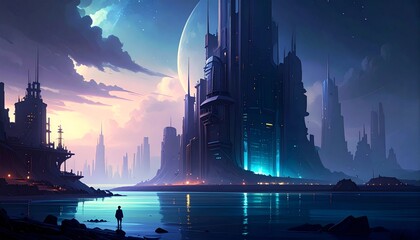 A Serene Futuristic Cityscape Depicts A Solitary Figure Admiring The Majestic Architecture, Illuminated Under A Stunning Celestial Display, With A Reflection In The Calm Waters.