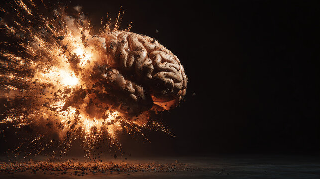 Exploding Mind: A conceptual image symbolizing intellectual overload or mental breakthrough, set against a stark, dramatic backdrop.