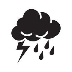 Black thunderstorm cloud icon with lightning and rain. Stormy weather symbol vector silhouette.
