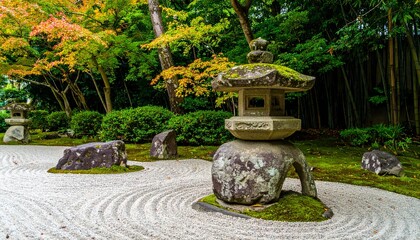 A Serene Zen Garden Scene Featuring A Stone Lantern, Raked Gravel, And Lush Greenery, A Tranquil Japanese Garden Landscape For Meditation And Relaxation.
