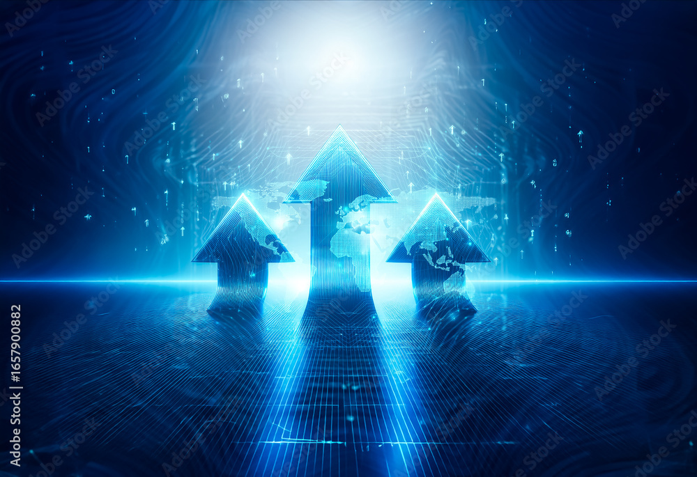 Poster three prominent blue arrows ascend dynamically, illuminated with a radiant glow. each arrow displays