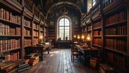 A Majestic Library An Enchanting Scene Of Antique Bookshelves, Tables, And Warm Lighting, Showcasing The Allure Of Knowledge In A Classic Interior, Evoking A Sense Of History And Literary