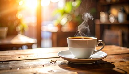 A Steaming Cup Of Coffee, The Focus Of The Image, Sits On A Wooden Table, Radiating Warmth And Comfort, Perfect For Cozy Mornings And Relaxing Breaks, Capturing The Essence Of A Delicious