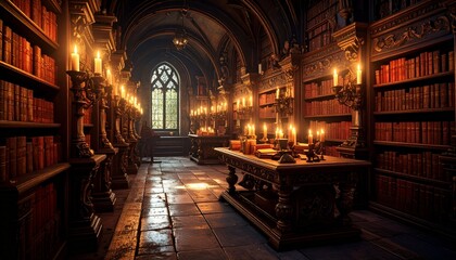 A Majestic Library Illuminated By Candlelight A Visually Stunning Depiction Of A Grand Library, Showcasing Rows Of Antique Books, Ornate Candle Holders, And The Warm Glow Of Candlelight