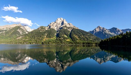 Serene mountain lake reflects a majestic, snow-capped peak, showcasing a tranquil alpine scene.