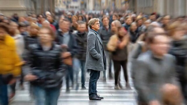 Solitude in the Crowd: An individual stands resolute, amidst the blur of a bustling urban crowd, showcasing a poignant study in isolation and inner reflection. 