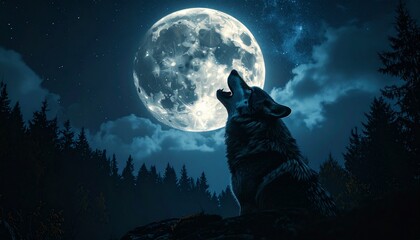 A Majestic Wolf Howling At The Moon An Enchanting Night Scene Depicting A Lone Wolf, Illuminated By The Full Moon, Amidst A Dark Forest, Evoking Wilderness And Mystique.