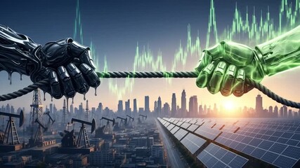 A futuristic tug of war between oil and solar energy, with robotic hands pulling a rope over a cityscape, symbolizing the competition in the energy market - Powered by Adobe