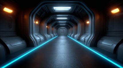 Futuristic Interior: A strikingly detailed, elongated corridor bathed in cool, blue-toned lighting, leading to a sense of depth and the promise of exploration. 