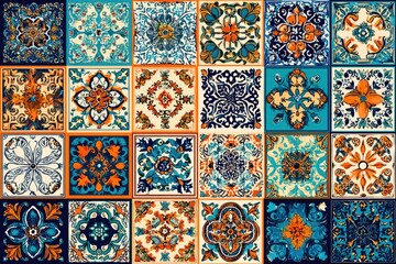 Decorative square tiles in vibrant colors, featuring intricate floral and scrollwork patterns