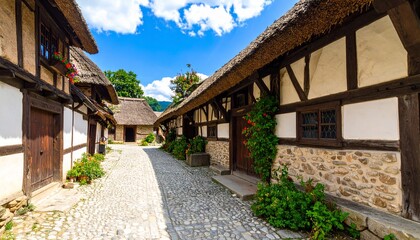 A Picturesque Cobblestone Street Leads Through A Historic Village Showcasing Traditional Architecture, Rustic Charm, And Delightful Floral Accents Under A Bright Blue Sky.