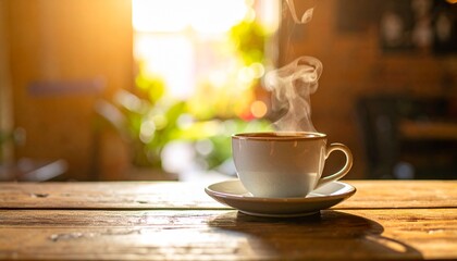 A Steaming Cup Of Coffee Sits On A Rustic Wooden Table, With Natural Light And A Soft Bokeh Background, Perfect For Morning Beverages And Cozy Scenes.