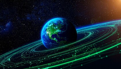 A Stunning Digital Illustration Showcases Planet Earth Surrounded By Futuristic Glowing Energy Rings In Deep Space, Representing Global Connectivity And Technological Advancements, Perfect