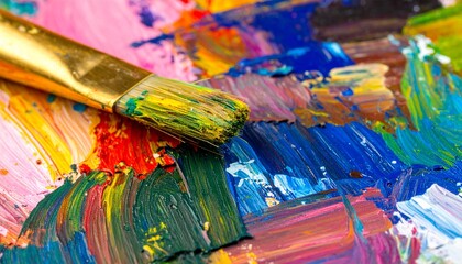 Fototapeta premium A Close Up Of An Artist S Palette Shows The Texture And Colors Of Oil Paint, With A Paintbrush Resting On The Surface, Depicting The Colorful Abstract Art.