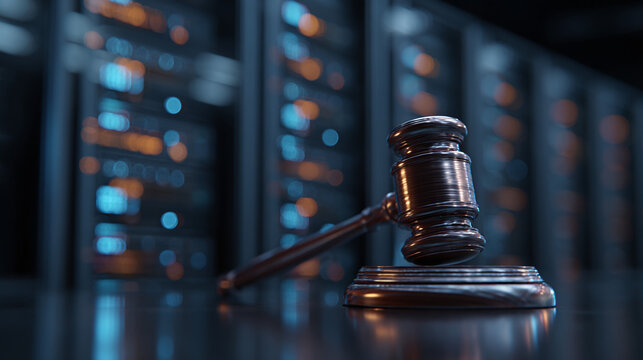 Gavel in Server Room:  Justice in the digital age, governance of data,  cybersecurity law, data privacy, digital forensics, legal tech concepts.