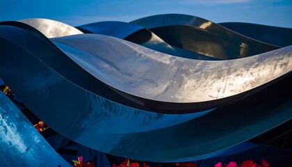 Abstract metal sculpture, with deep blue and silver hues, features undulating forms in a captivating outdoor display.