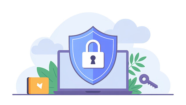 Laptop protected by a shield with a lock, symbolizing online security.