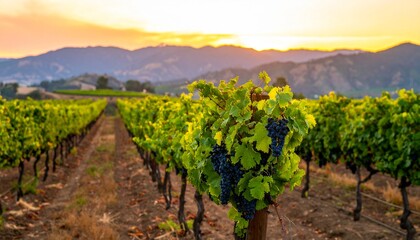 A Stunning Vineyard At Sunset Showcases Rows Of Grapevines Laden With Ripe Grapes, Bathed In Golden Light, Perfect For Wine Production And Agricultural Imagery.