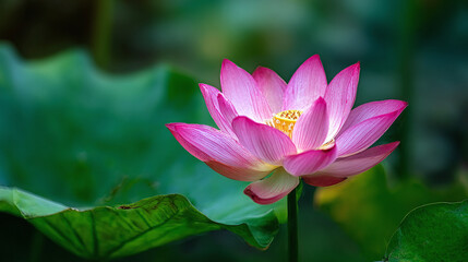 Obraz premium Pink lotus flower in full bloom, radiating peace. Petals glow with delicate details, set against a backdrop of vibrant green leaves.