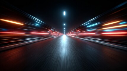 Fototapeta premium Neon Road to Tomorrow: Dive into a dynamic scene of motion, where streaks of red, blue, and orange neon lights blur across an endless road, illuminated by a series of overhead lamps.