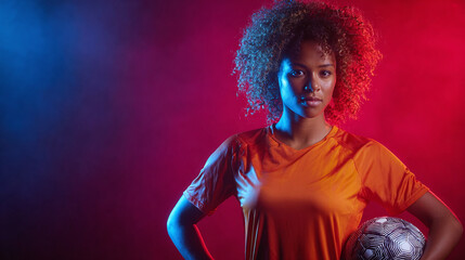 Focused soccer player. Young woman athlete with a determined expression, holding a soccer ball in a dramatic, colorful lighting setting.