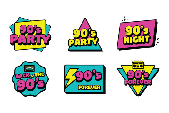 Retro 90s party stickers vibrant neon colors fun nostalgic design elements for events vector