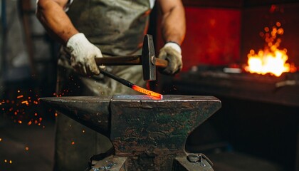 A Blacksmith Is Hard At Work, Forging Metal On An Anvil With A Hammer, Showcasing The Craft Of Metalworking, With Sparks Flying And Fire In The Background, Reflecting The Heat And Intensity