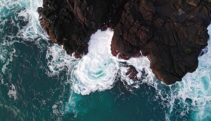 A Breathtaking Aerial View Captures The Raw Power Of The Ocean Waves Crashing Against The Rugged Coastal Rocks, Showcasing Nature S Majesty And The Dynamic Interaction Of Water And Stone.