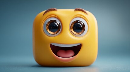 Joyful Cube Emoji: A vibrant, expressive cube emoji radiates joy with wide eyes, a cheerful smile, and a soft, appealing texture. This image embodies happiness and positivity. 