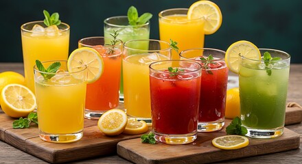 Fototapeta premium Assorted colorful fruit juices displayed on wooden board with lemon and mint garnish creating a refreshing and vibrant presentation.