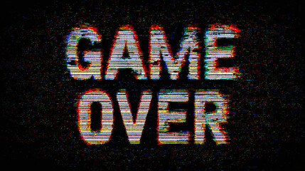 Retro "Game Over" screen in pixelated glitch style. A visual of digital defeat, perfect for gaming or technology themes with a vintage aesthetic.