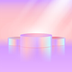 3D podium display scene with iridescent round platforms, soft glow, and reflections for product mockups, cosmetic branding, digital presentations, and modern web design. Vector illustration
