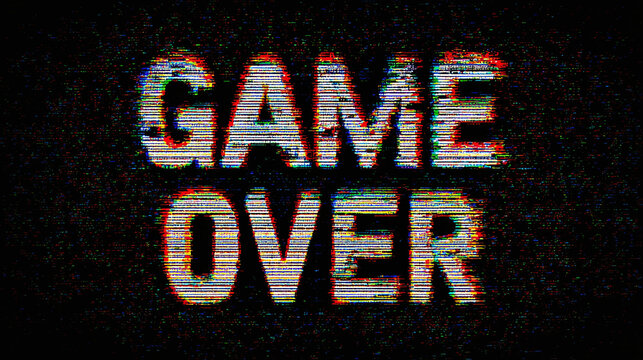 Retro "Game Over" screen in pixelated glitch style. A visual of digital defeat, perfect for gaming or technology themes with a vintage aesthetic.