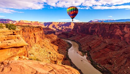 A Breathtaking Scene A Colorful Hot Air Balloon Floats Above The Majestic Canyon, Showcasing The Natural Beauty Of The Landscape, Perfect For Travel And Adventure Concepts.